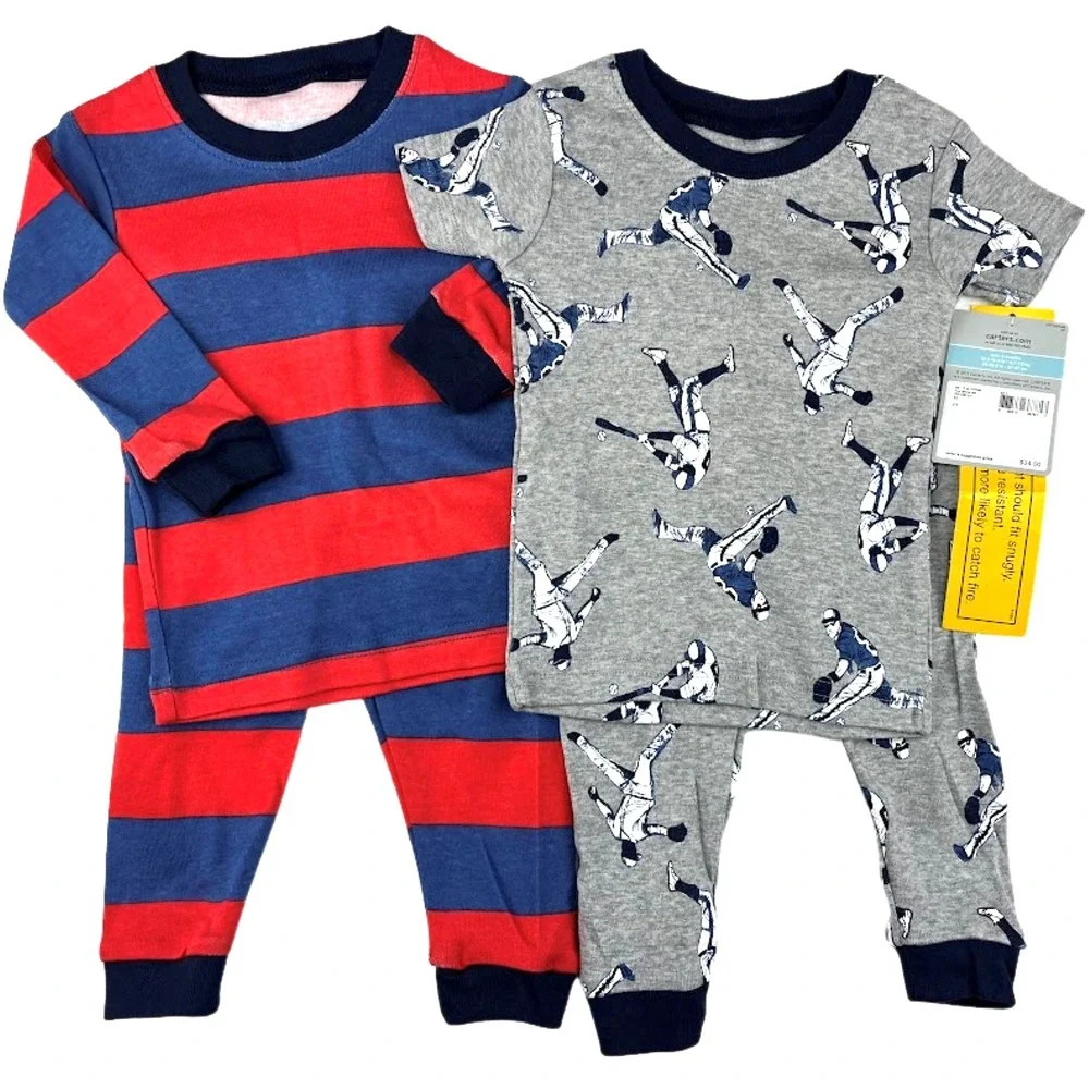 Carter's Baby Boy 6 Mos Pajama Lot 4pc Cotton Baseball Red Blue Stripe Gray‎ NWT